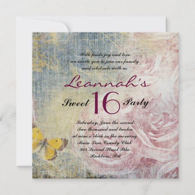 JEANS ROSAS E BOTTERFLIES Sweet 16 Convite (Frente)