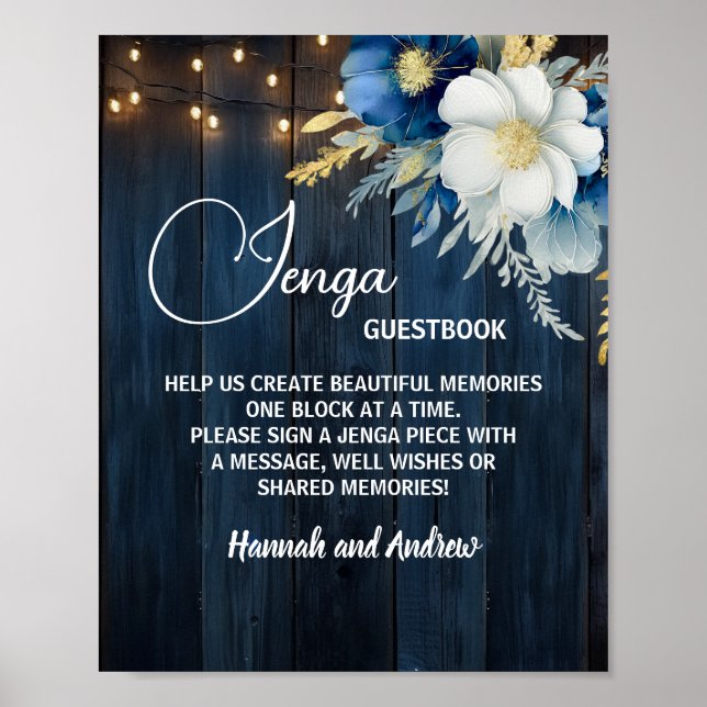 Jenga Wedding Guestbook String Light Floral Poster (Frente)
