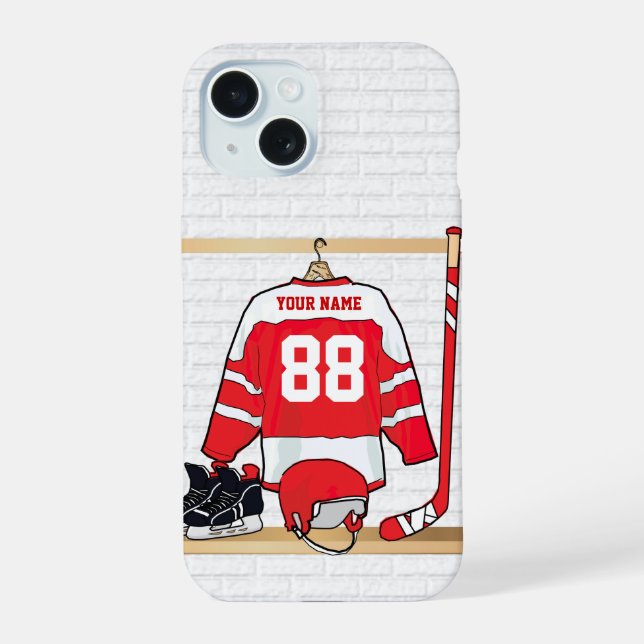 Jersey de Hóquei em Gelo Personalizado, Vermelho e (Verso)