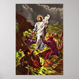 Jesus caminha no Poster vintage d'água