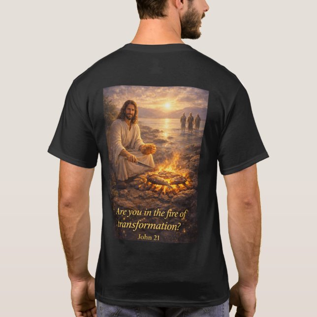 Jesus cooking fish at the shore T-Shirt (Verso)
