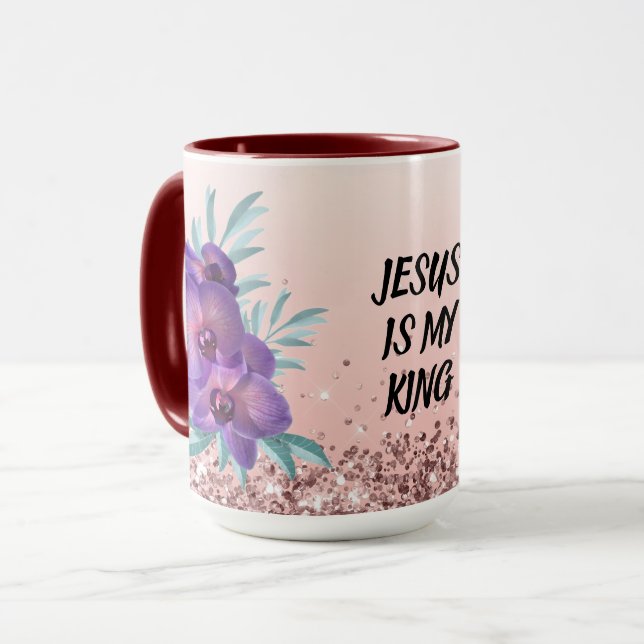 Jesus É Meu Rei - Caneca Floral com Texto Personal (Frente Esquerda)