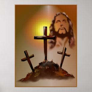 Jesus e poster de três cruzes