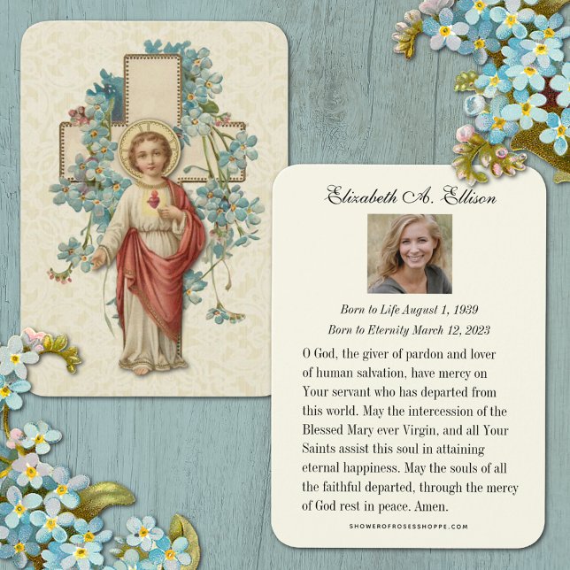 Jesus Funeral Memorial Prayer Santa (Traditional Catholic Sacred Heart of Jesus Floral Funeral Prayer Card)