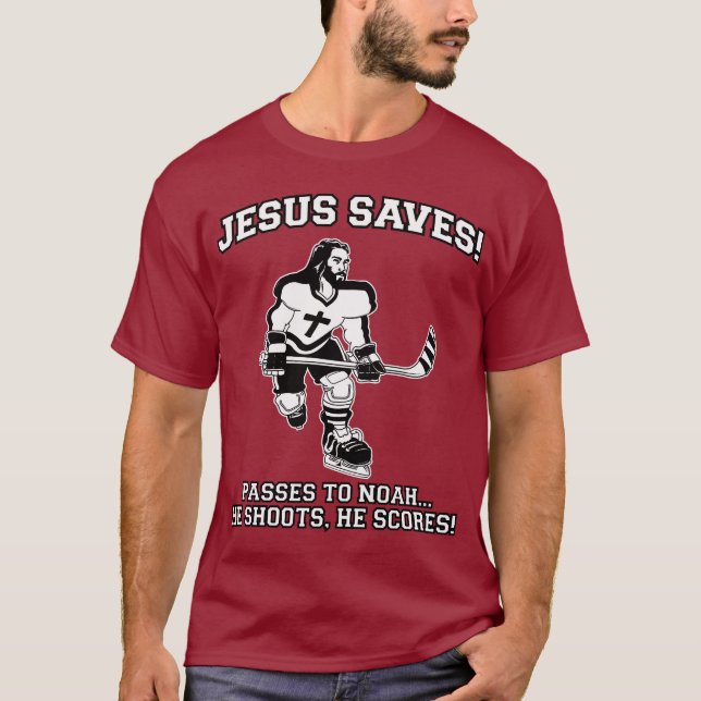 Jesus salvar a camiseta engraçada do hóquei (Frente)