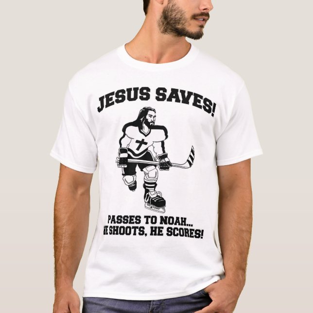 Jesus salvar a camiseta engraçada do hóquei (Frente)
