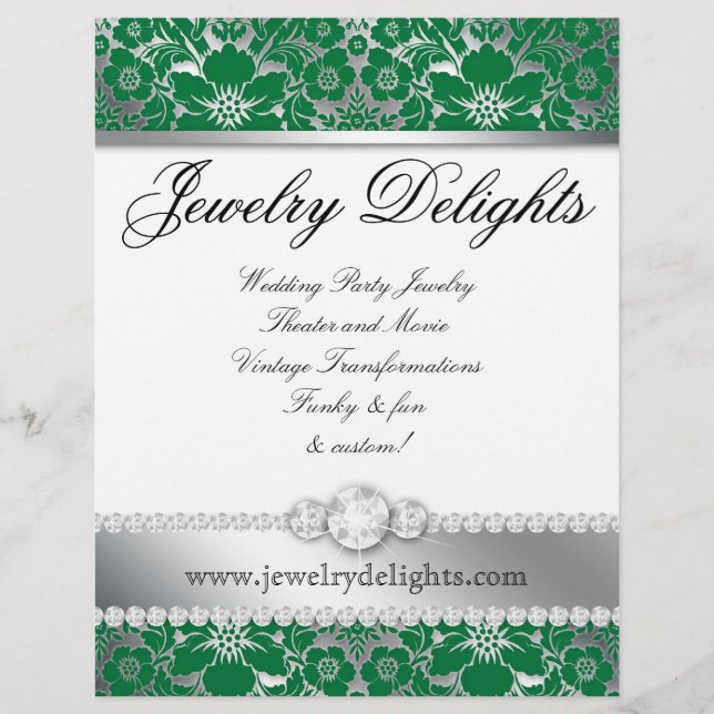 Jewelry Flyer Hair Salon Floral Damask Green (Frente)