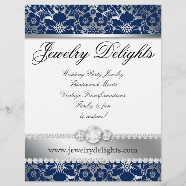Jewelry Flyer Hair Salon Floral Damask Marinho Sil (Frente)