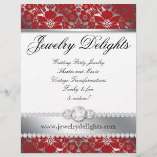 Jewelry Flyer Hair Salon Floral Damask Red Silver