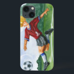 Jogador de futebol batendo uma bola por Jay Throck<br><div class="desc">Uma bola de futebol pendura no ar,  esperando o chute vicioso que o jogador está acabando para entregar. Ele pode dobrar como Beckham? Uma peça adorável para pendurar na parede ou dar como presente para o aficionado de futebol na sua vida!</div>