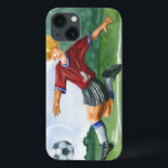 Jogador de futebol picando uma bola por Jay Throck<br><div class="desc">Uma bola de futebol pendura no ar,  esperando pelo chute vicioso que o jogador está acabando para entregar. Ele pode dobrá-lo como Beckham? Uma bela peça para pendurar na parede ou dar como presente para o aficionado de futebol na sua vida!</div>