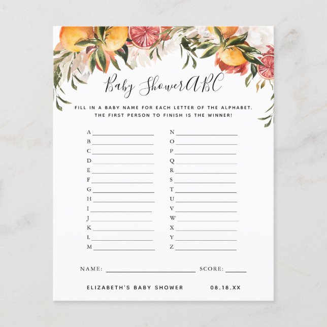 Jogo ABC | Jogo de Chá de fraldas Floral (Frente)