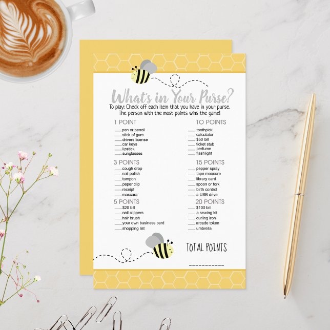Jogo Abelha Bumble Amarela Cinza O Que Está na Sua (What's in your purse baby shower game - Bumble Bees)