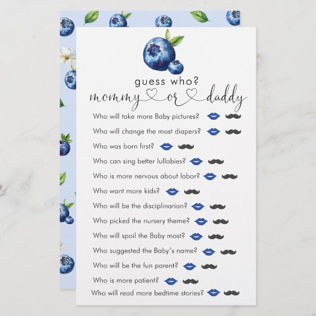 Jogo "Adivinha Quem" do Chá de fraldas Blueberry (Frente/Verso)