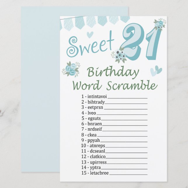 Jogo aniversário de 21 anos Word Scramble (Frente/Verso)