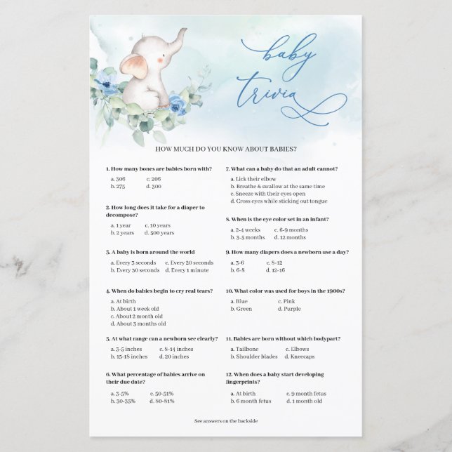 Jogo Bebê Trivia, elefante empoeirado (Frente)