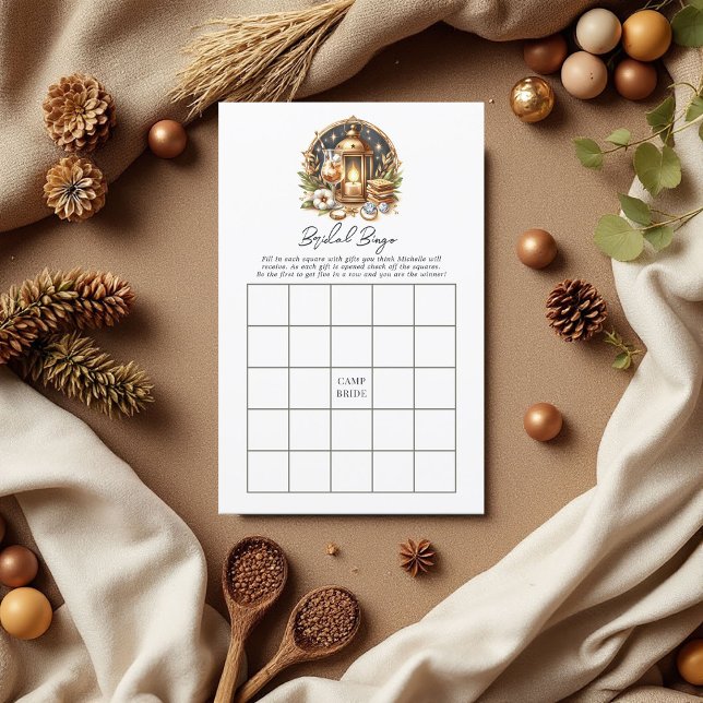 Jogo Bingo de Noiva Dourada do Campo de Luxo (Luxury Gold Camp Bride Bachelorette Bingo Game)