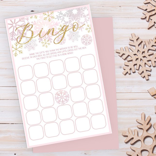 Jogo Bingo do Chá de fraldas do Floco de Neve Rosa (Blush Pink Winter Baby Shower Fun Game)