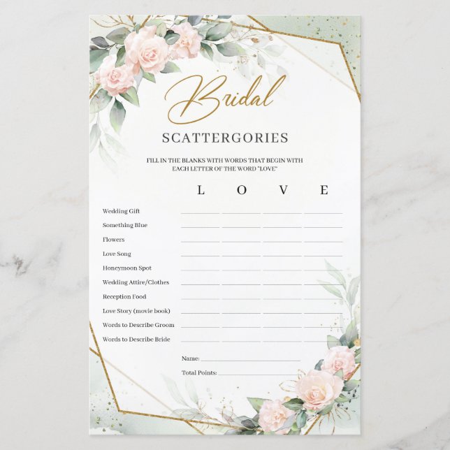 Jogo Blush and gold greenery Bridal Scattergories (Frente)