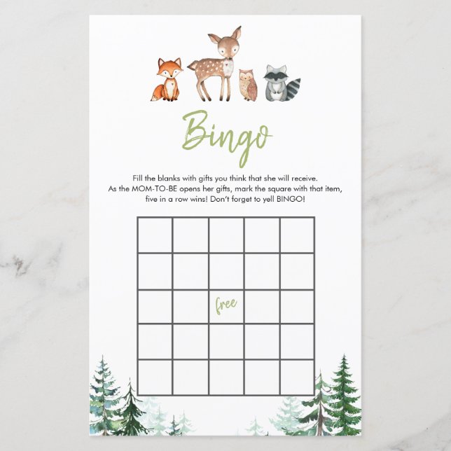 Jogo Chá de fraldas Bingo Da Floresta De Woodland (Frente)