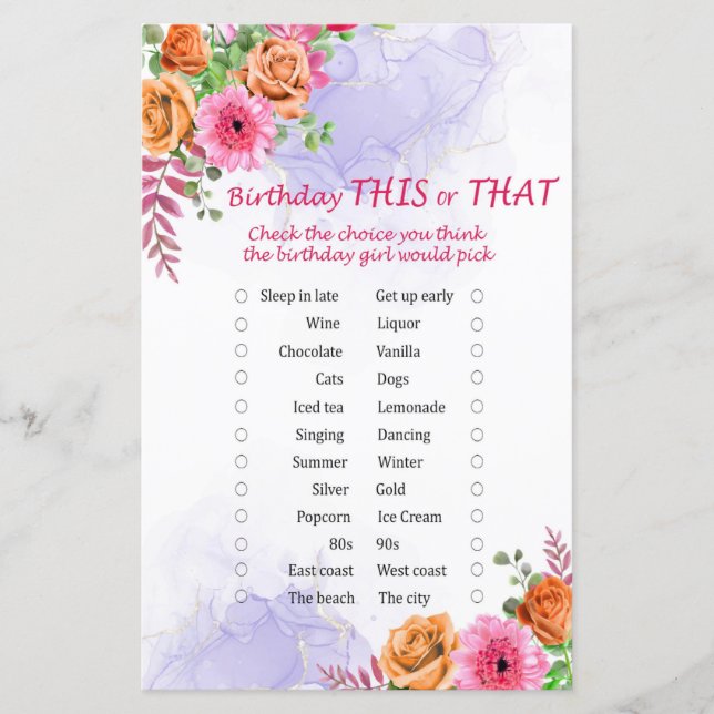 Jogo de Aniversário de Flores Isso ou Aquilo (Frente)