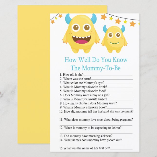 Jogo de baby shower Monstro, quão bem você conhece (Frente/Verso)