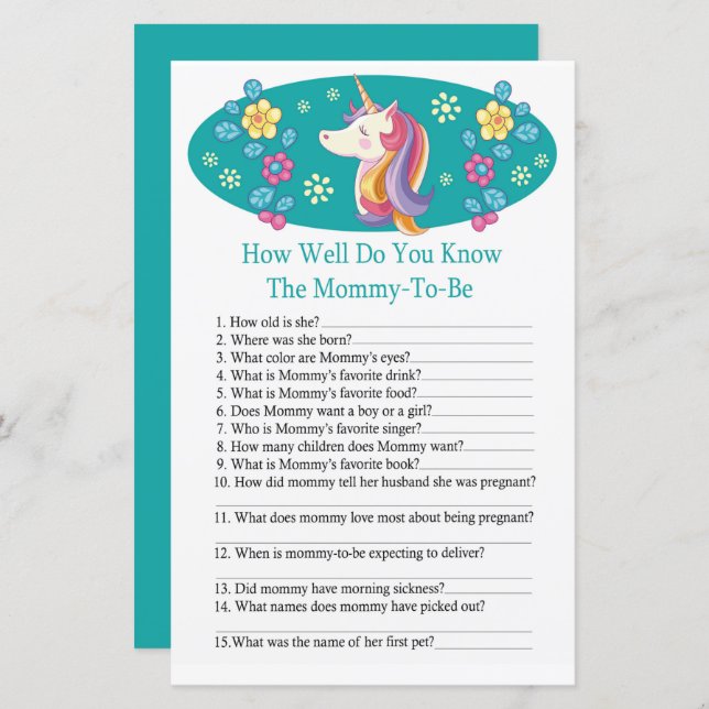 Jogo de baby shower Unicórnio Quão bem você conhec (Frente/Verso)
