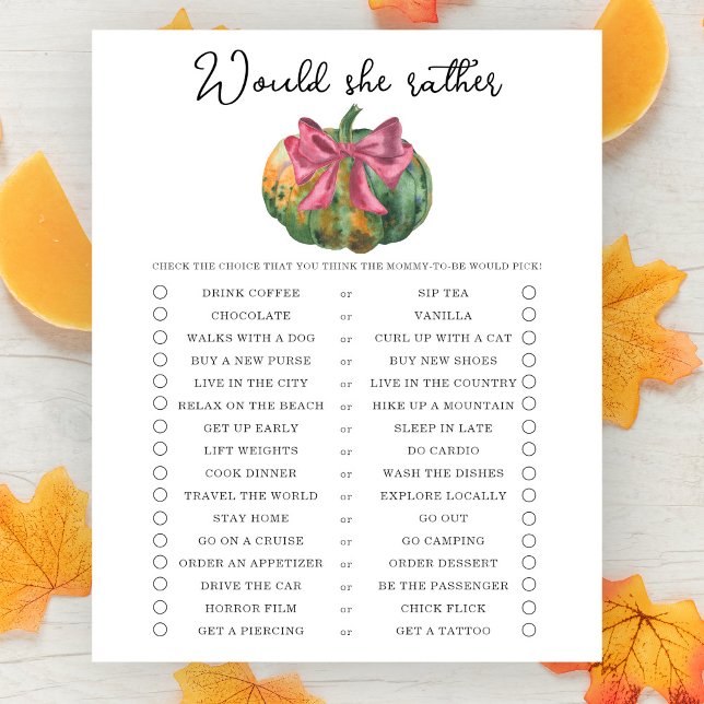 Jogo de baby shower 'Would she rather' tema Abóbor (Criador carregado)