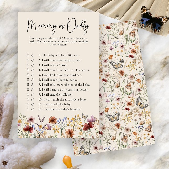 Jogo de Bebê Mamãe ou Papai (Boho Floral Mommy Or Daddy Baby Game Card by Painted Paperie
)