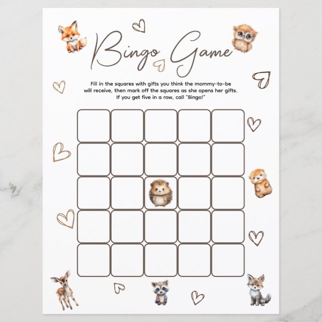 Jogo de Bingo com Tema de Animais da Floresta (Frente)