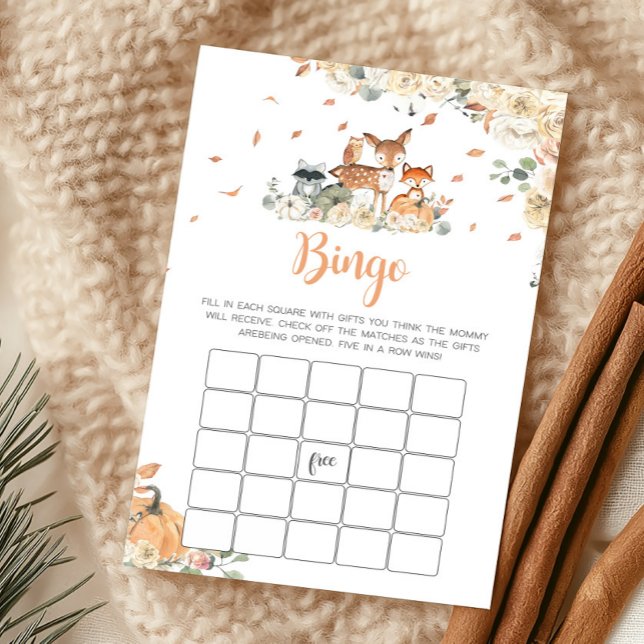 Jogo de Bingo de Animais da Floresta de Outono par (Floral Woodland Animals Baby Shower Bingo Game)