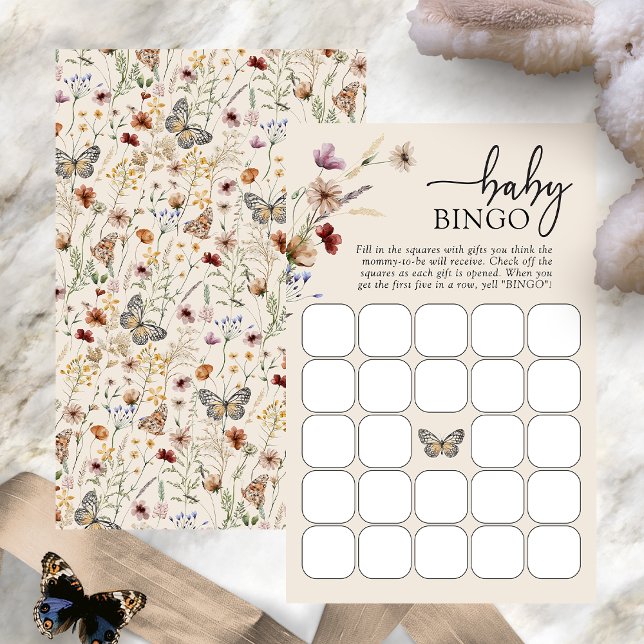 Jogo de Bingo de Bebê (Boho Wildflower Baby Bingo Game Card with Butterfly by Painted Paperie
)