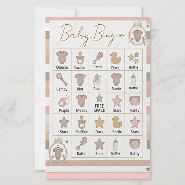 Jogo de Bingo de Bebê com Listras Cinza Rosa  (Frente)