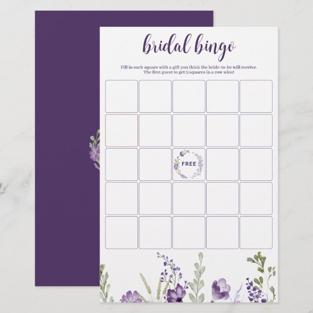 Jogo de Bingo de Chá de Noiva Floral Roxo Lavanda (Frente/Verso)