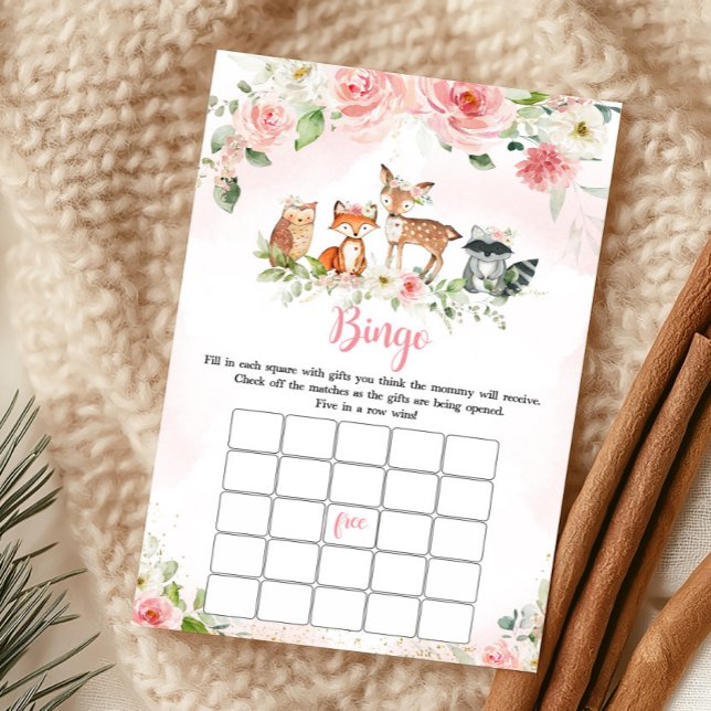 Jogo de Bingo de Chuveiro Floral Rosa da Floresta (Girl Woodland Animals Baby Shower Bingo Game)
