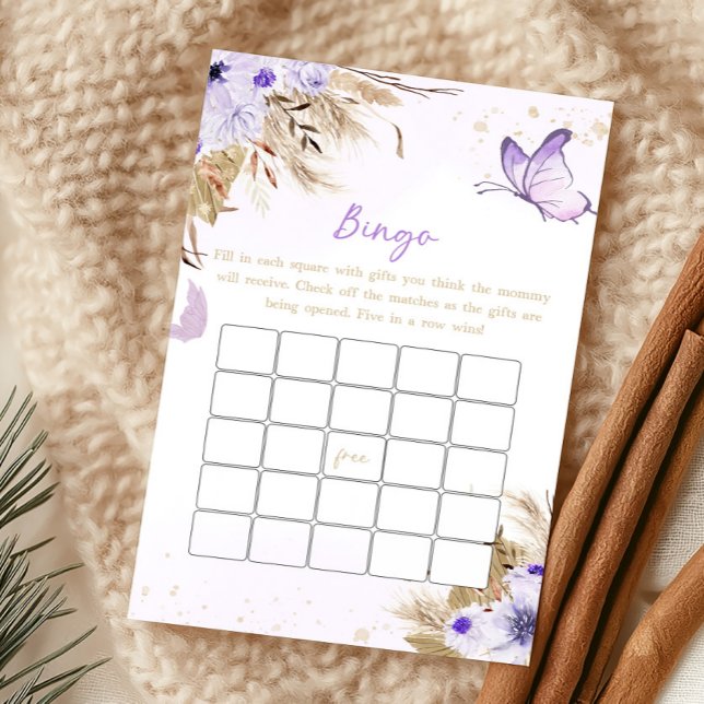 Jogo de Bingo de Chuvinha de Bebê Floral Borboleta (Purple Butterfly Baby Shower Bingo Game)