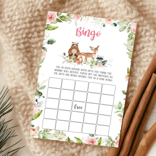 Jogo de Bingo de Chuvinha de Flores para Chá de Be (Girl Woodland Animals Baby Shower Bingo Game)