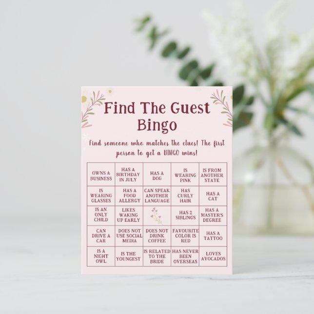 Jogo de Bingo de Encontrar o Convidado Floral Boho (Em pé/Frente)