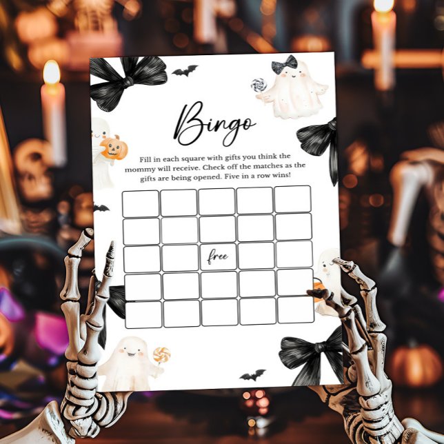 Jogo de Bingo de Halloween Fantasminha Boo (Black Bow Little Boo Halloween Baby Shower Bingo Game)