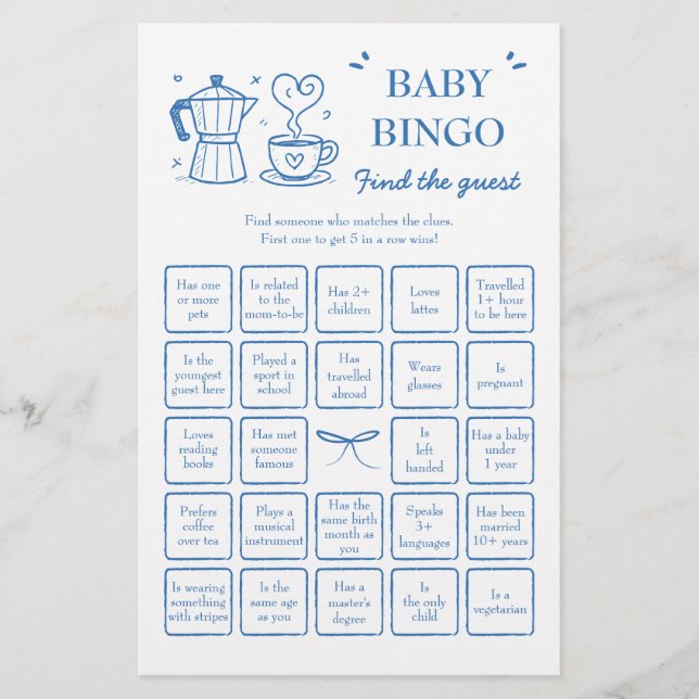 Jogo de Bingo Encontre o Bebê Convidado Café (Frente)