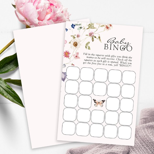 Jogo de Bingo para Chá de Bebê (Pink Wildflower Tea Party Baby Shower Bingo Game Card Butterfly by Painted Paperie
)