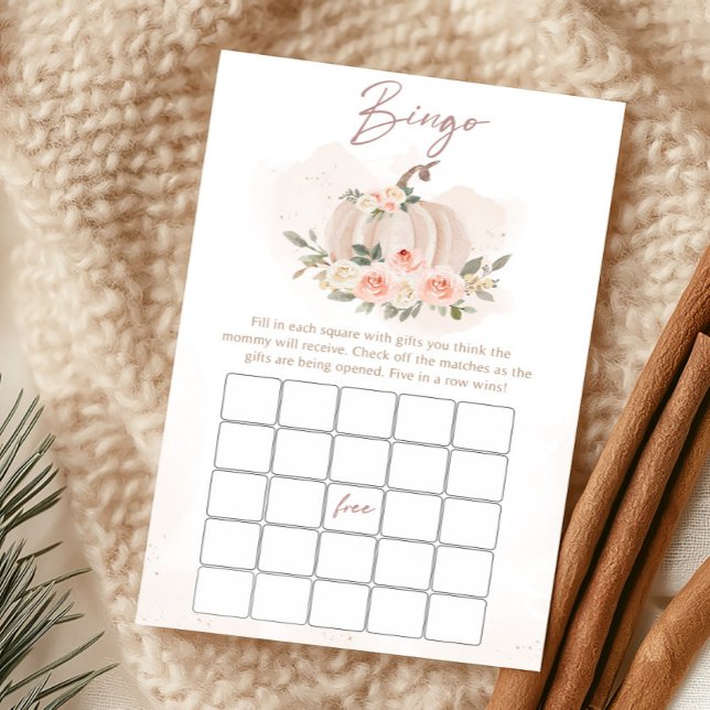 Jogo de Bingo para Chá de Bebê Abóbora Rosa Rubor (Girl Blush Pumpkin Baby Shower Bingo Game)