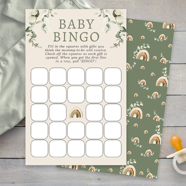 Jogo de Bingo para Chá de Bebê Boho (Boho Sage Green Eucalyptus Rainbow Baby Shower Bingo Game by Painted Paperie
)