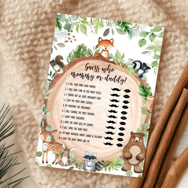 Jogo de Bingo para Chá de Bebê com Animais da Flor (Wood Slice Woodland Baby Shower Guess Who Mommy or Daddy Game)