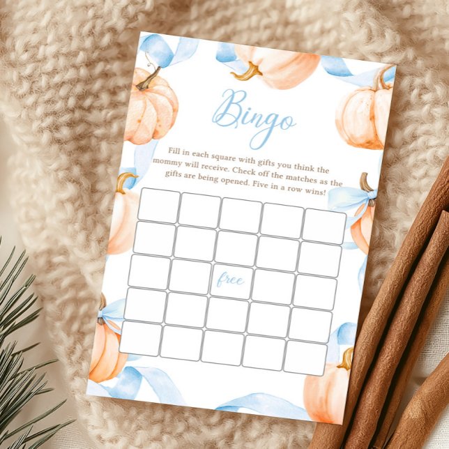 Jogo de Bingo para Chá de Bebê com Arco Azul e Abó (Boy Bow Pumpkin Baby Shower Bingo Game)