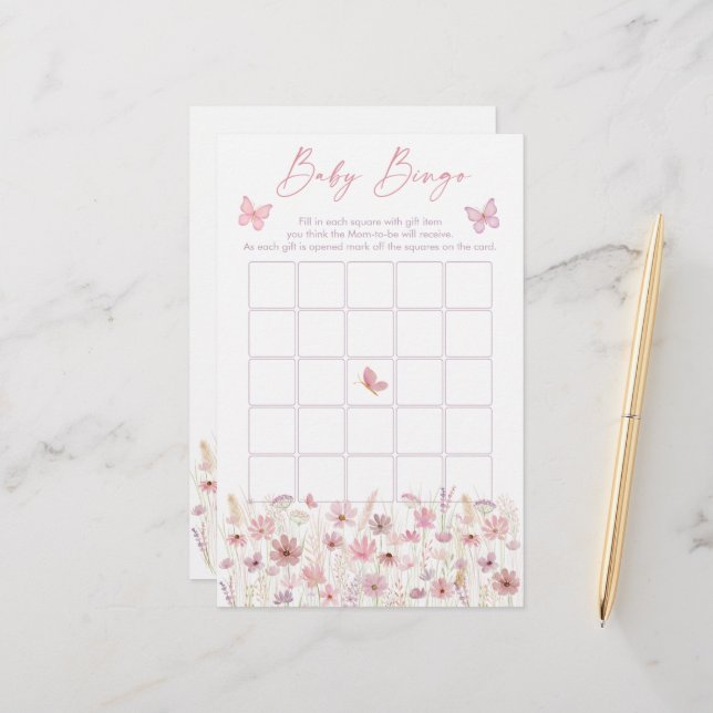 Jogo de Bingo para Chá de Bebê com Borboleta Rosa  (Frente/Verso In Situ)