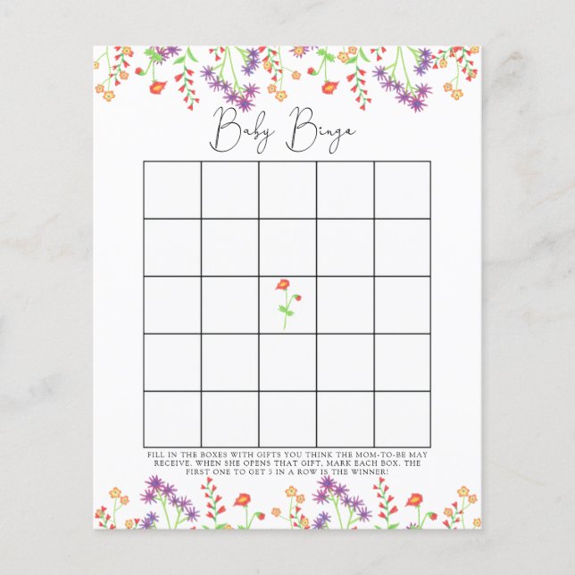 Jogo de bingo para chá de bebê com flores silvestr (Frente)
