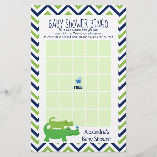 Jogo de Bingo para Chá de Bebê com Jacaré Elegante (Frente)