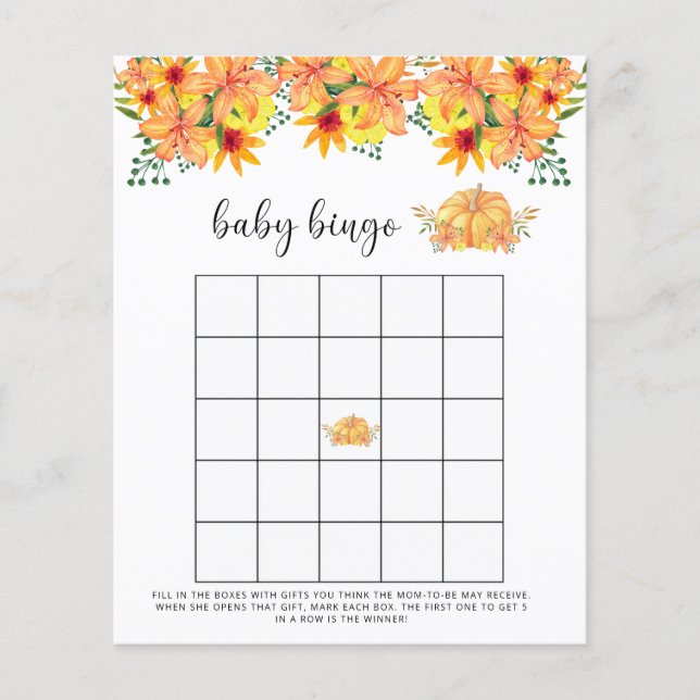 Jogo de bingo para chá de bebê de abóbora de outon (Frente)