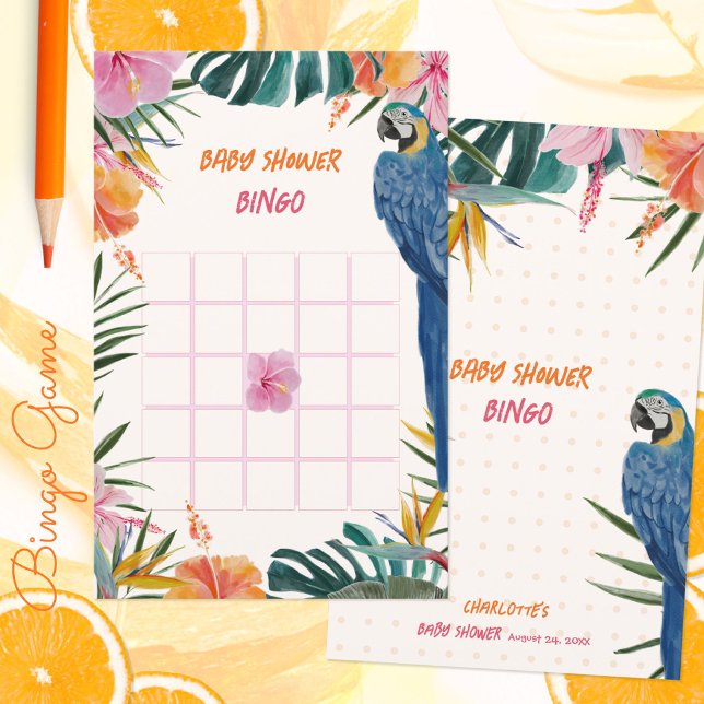 Jogo de Bingo para Chá de Bebê de Papagaio da Selv (Tropical Jungle Parrot Baby Shower Bingo Game ©Susanne Sachers - Sunny Mind 🌞)